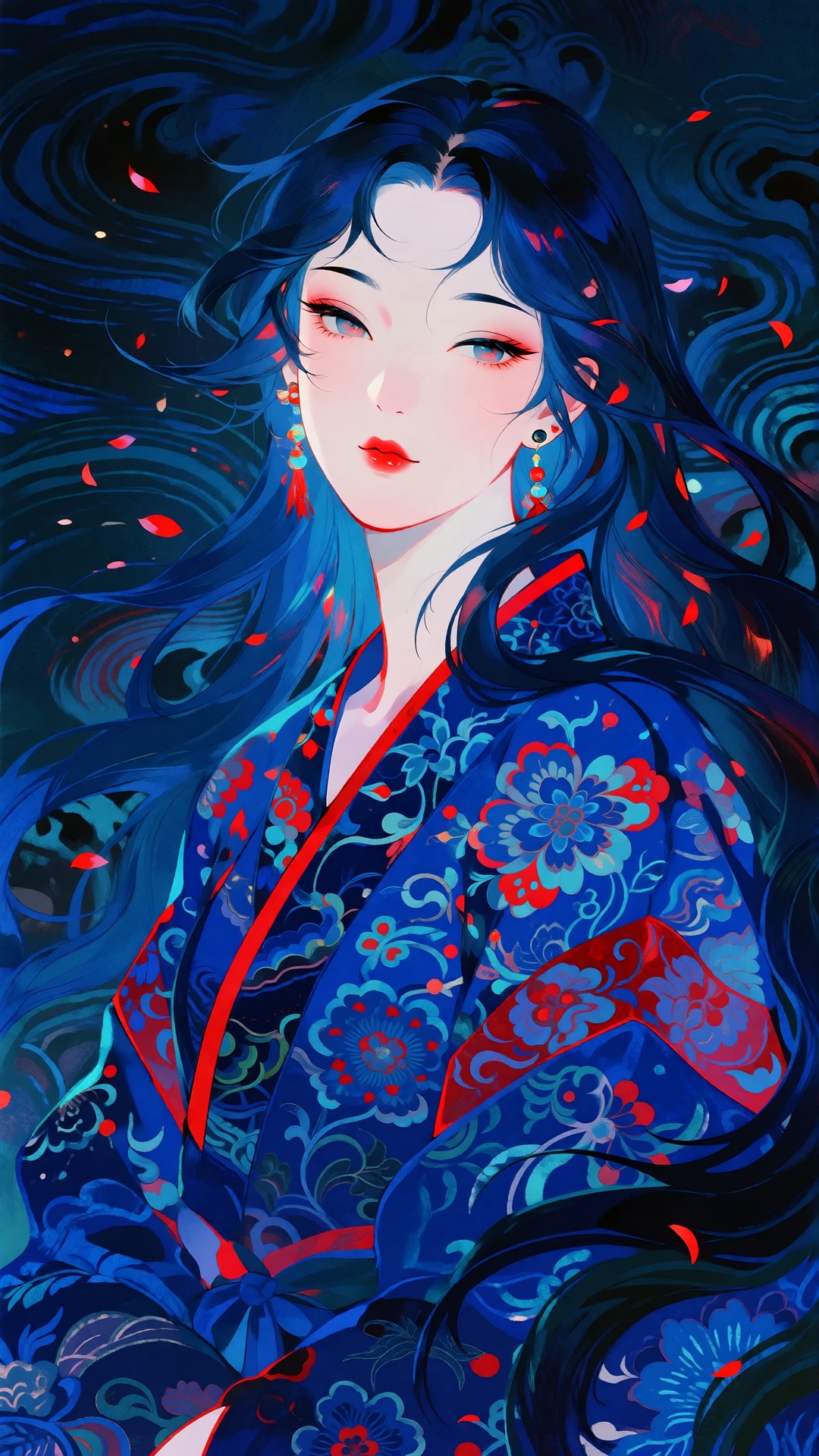 this is a digital painting of a beautiful,  ethereal woman with long,  flowing blue hair and pale skin on Tensor.Art