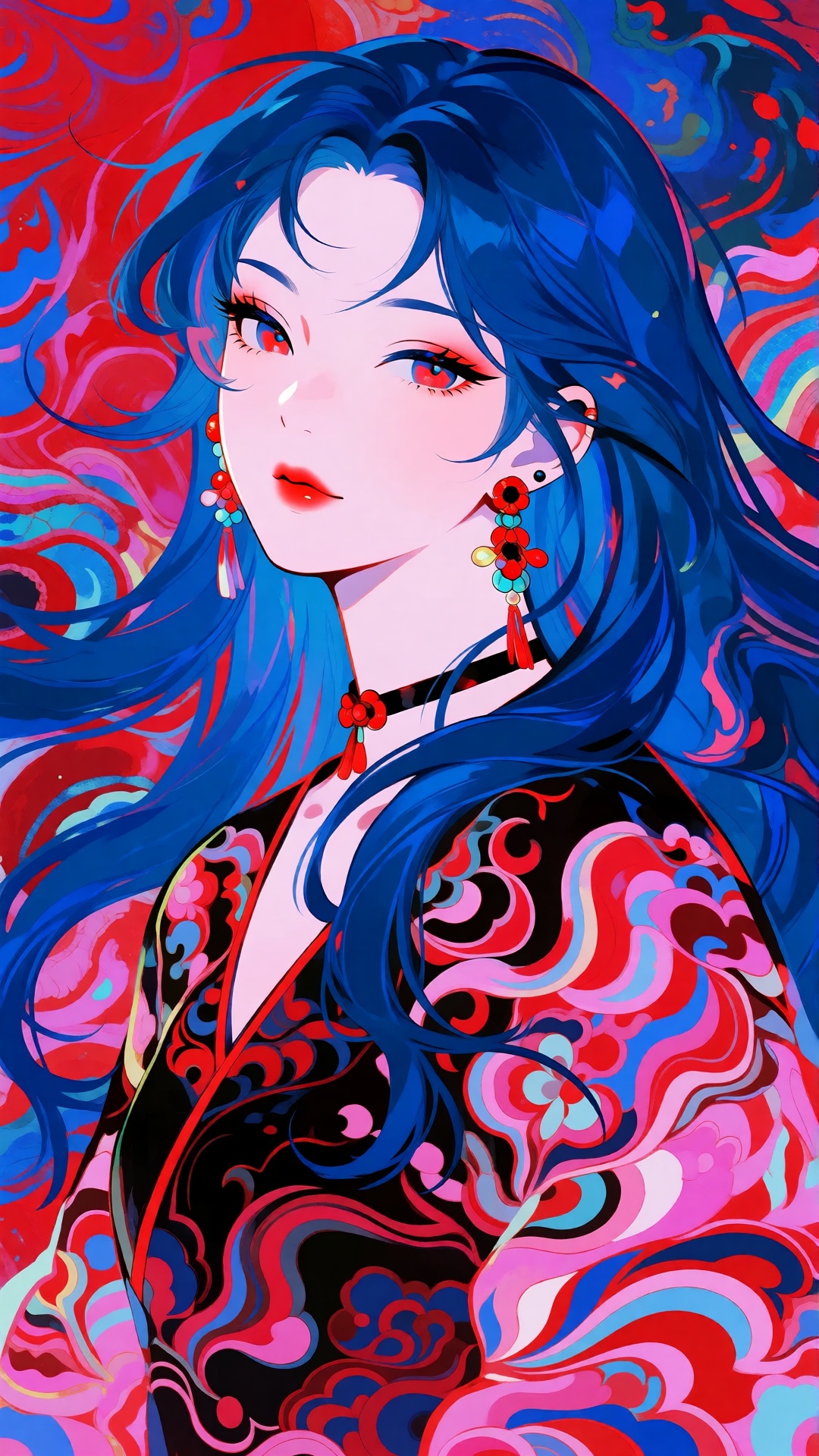 this is a digital anime-style illustration of a young woman with long,  vibrant blue hair and striking red eyes,  she has...