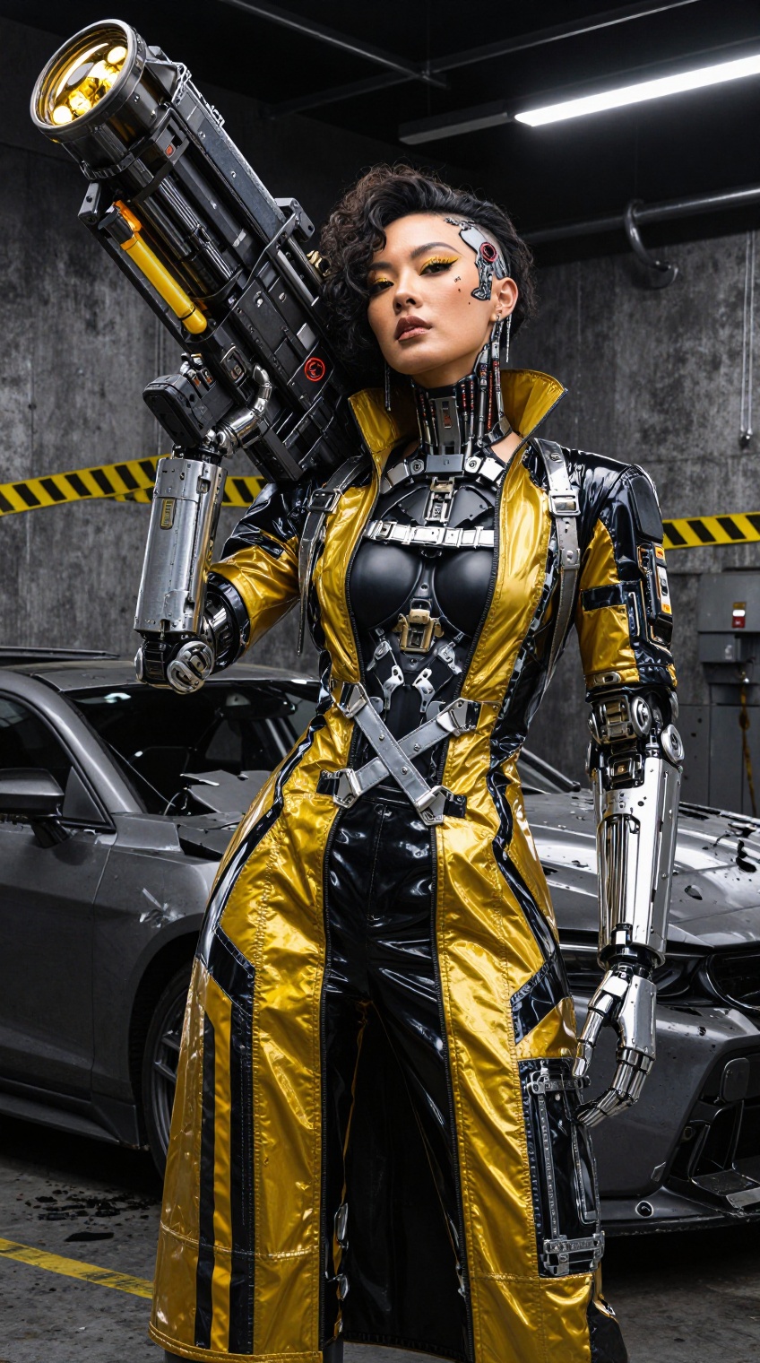 East Asian woman,  short curly hair,  shaved cybernetic side on Tensor.Art
