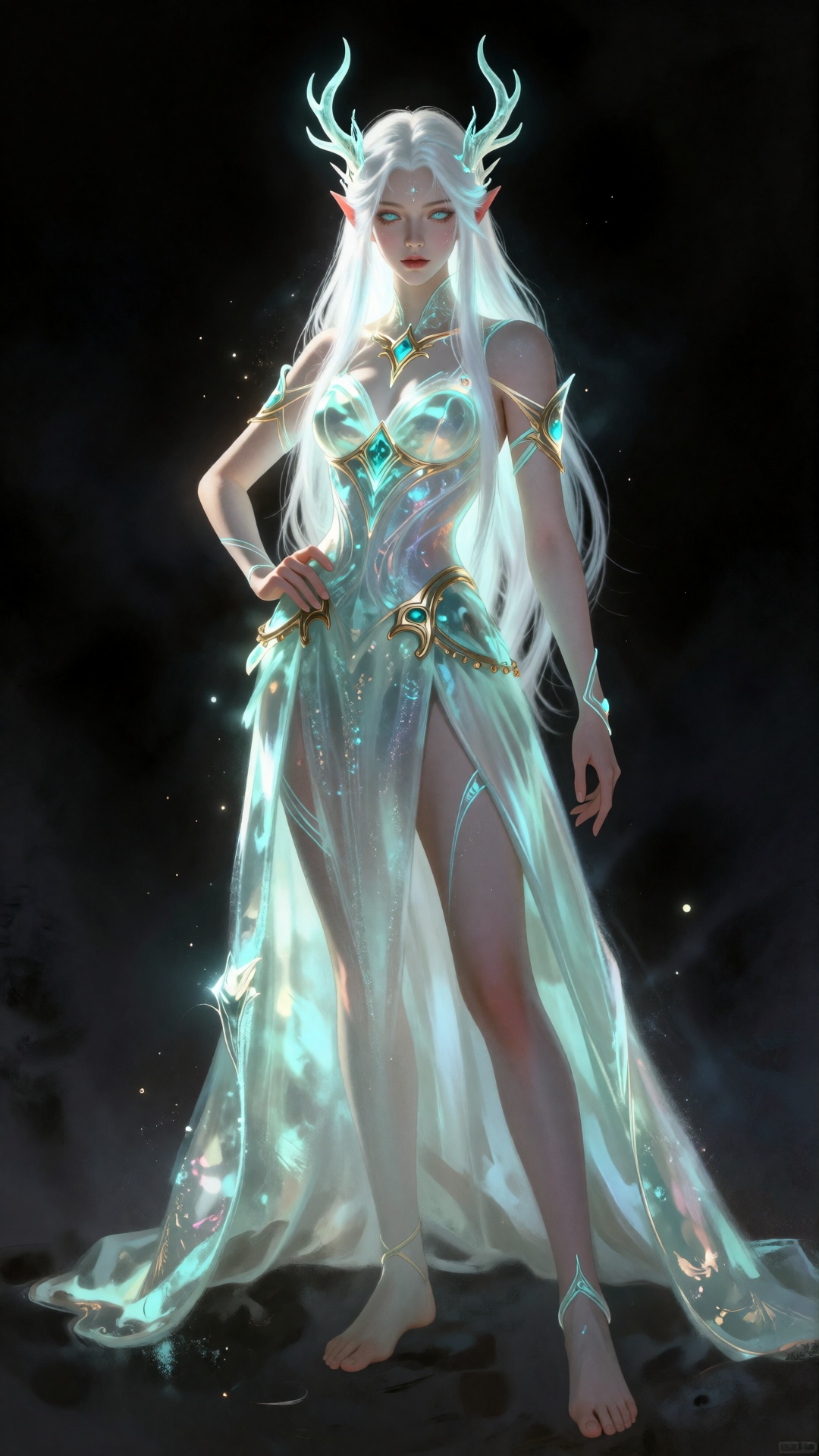 digital fantasy artwork of an ethereal,  fair-skinned female elf with long,  flowing white hair and glowing turquoise eyes...
