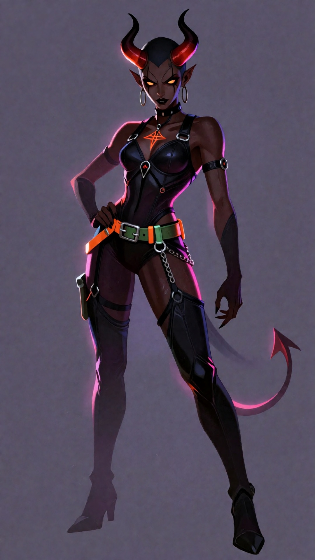 digital drawing of a dark-skinned,  demonic female character with glowing orange eyes,  red horns on Tensor.Art