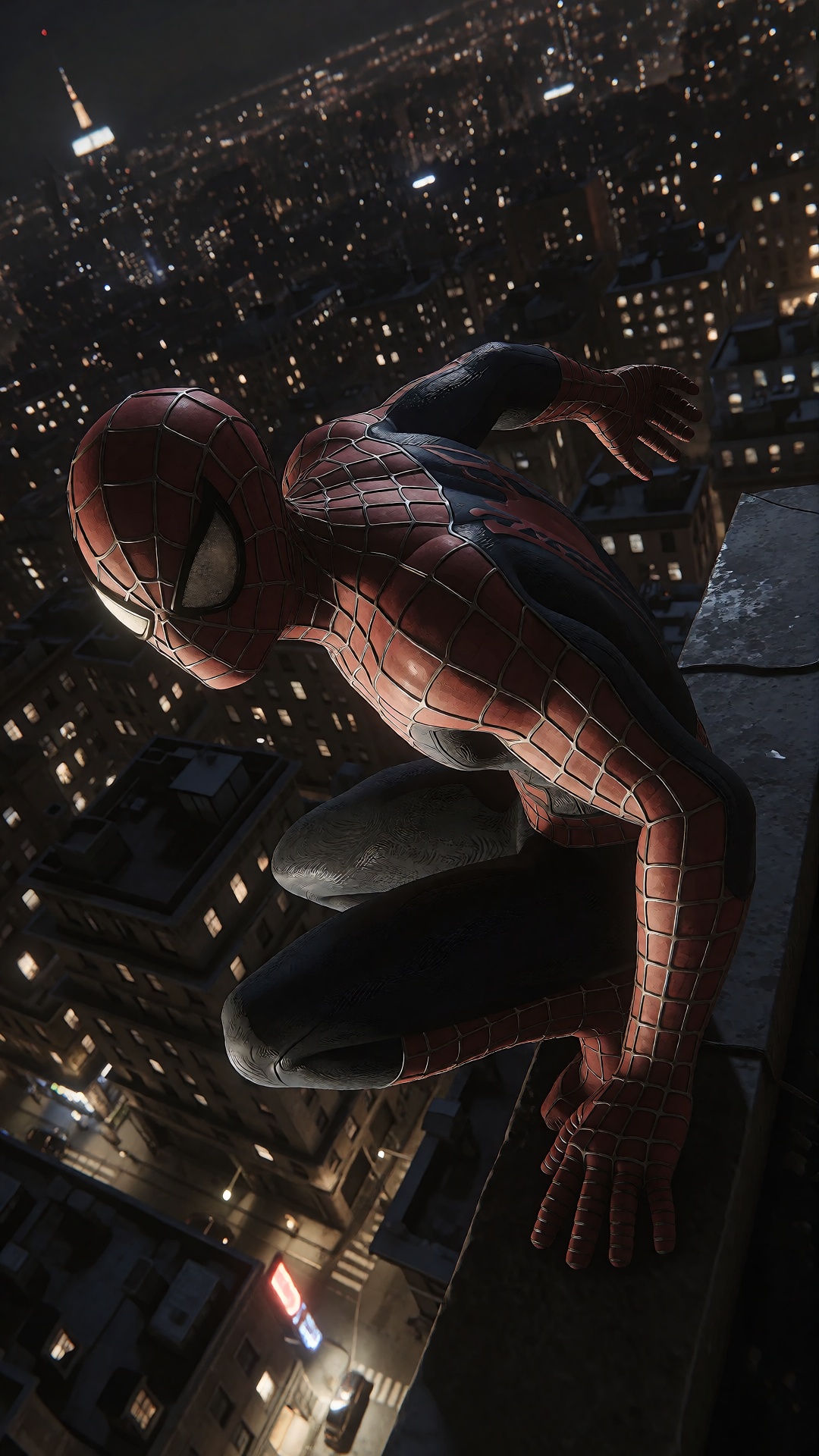 Spiderman leaning on a rooftop of a cityscape at night,  Soft lighting,  ******* photo on Tensor.Art
