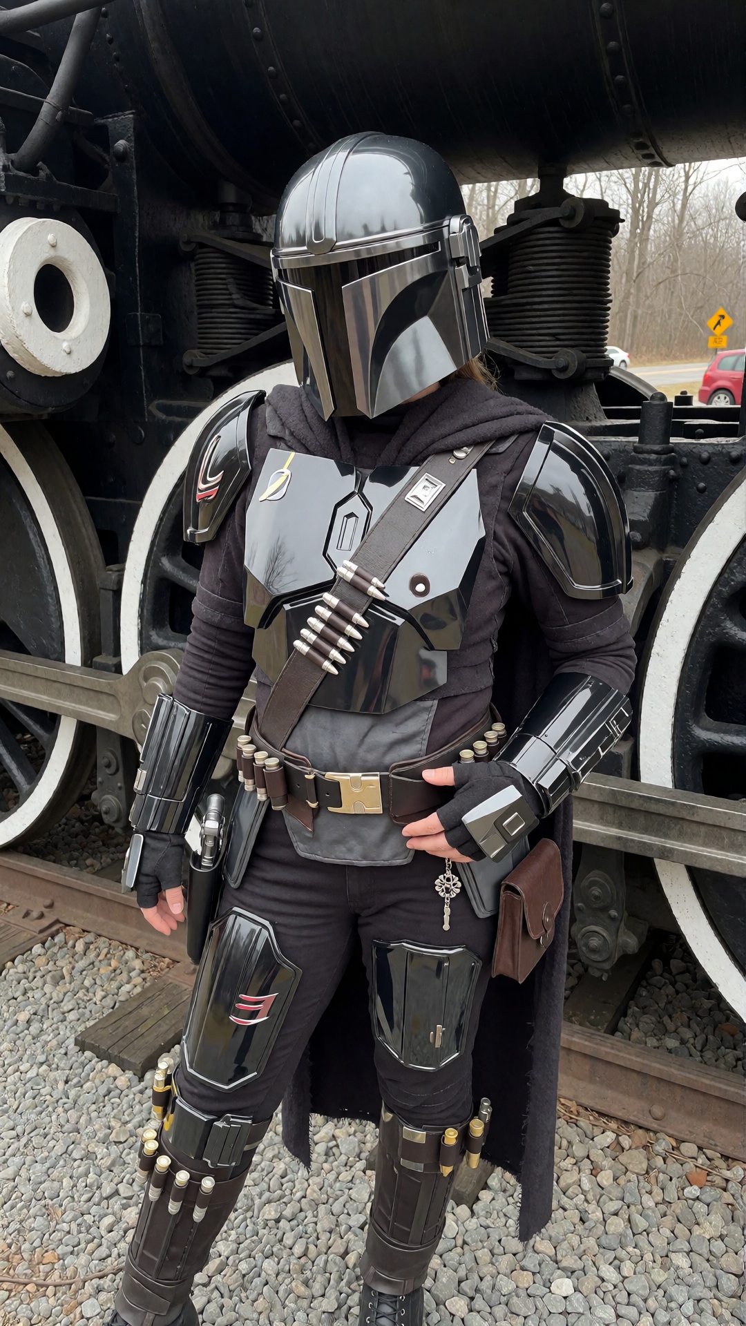 An ******* photo of a woman wearing a full glossy black Mandalorian-style cosplay armor set,  standing in front of the mas...