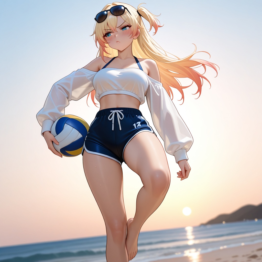 Tsundere girl pouting,  standing barefoot on sunlit beach sand,  holding a volleyball under one hand. She wears oversized...