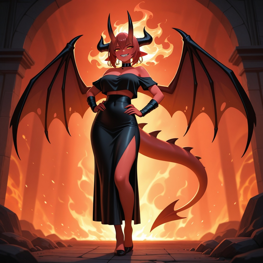 Imp woman with red skin,  big sharp teeth,  cute but mischievous grin—tongue peeking on Tensor.Art