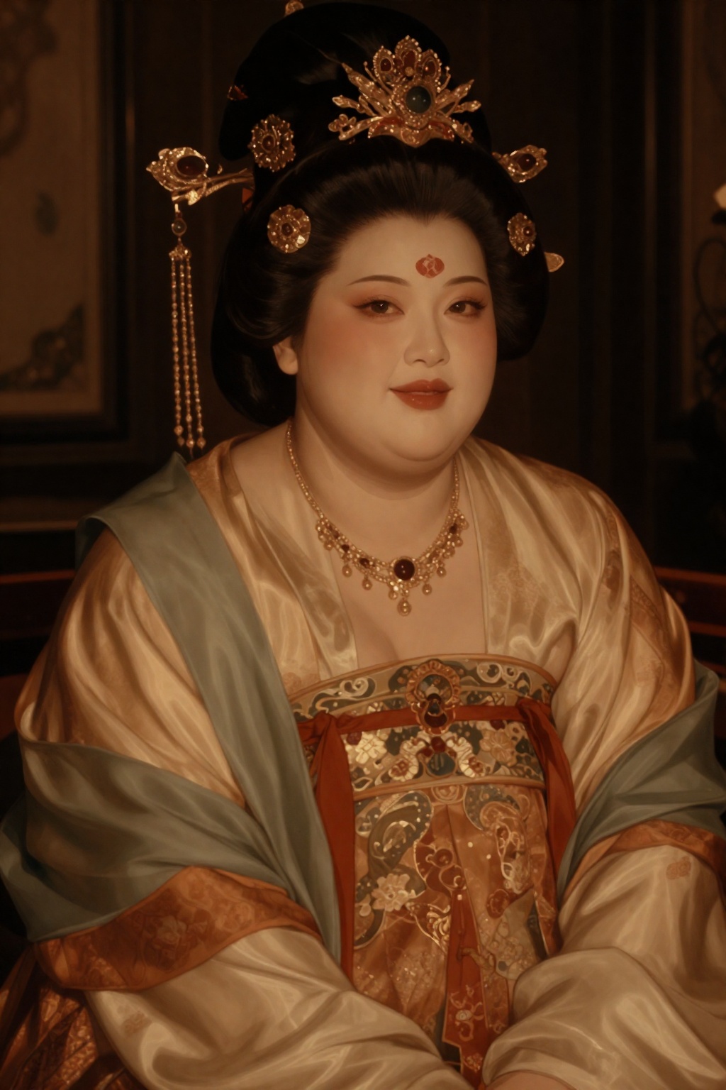 Based on authentic historical descriptions of Yang Yuhuan (Yang Guifei),  generate a realistic photograph of the Tang Dyna...