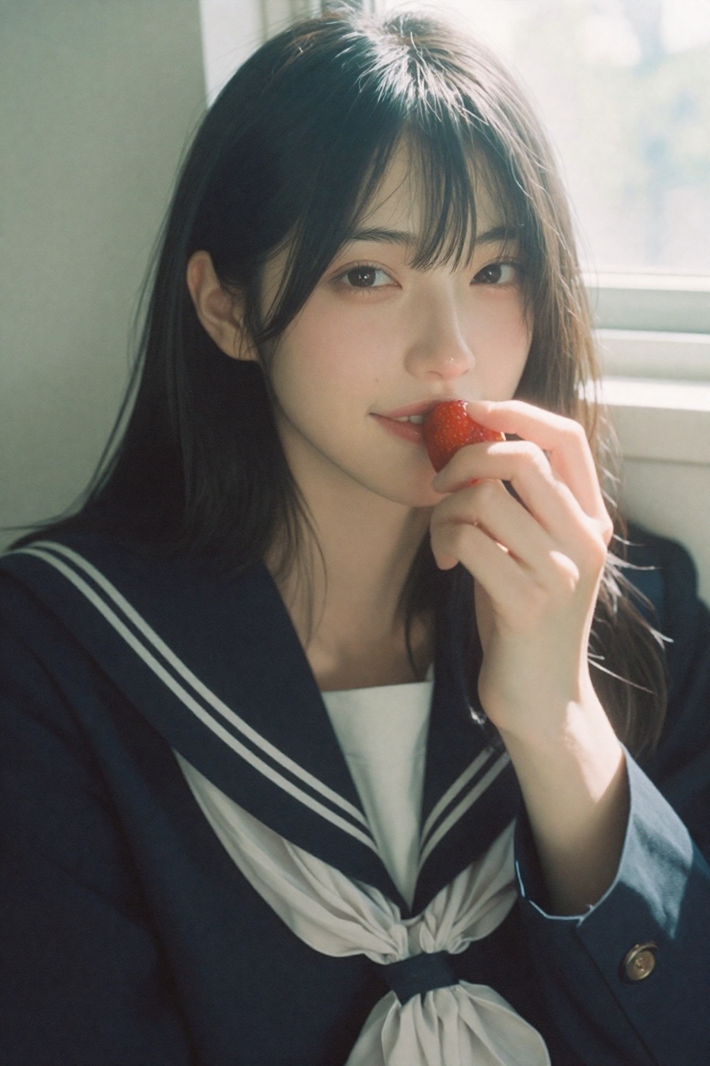 Japanese Fuji film style portrait,  single subject. Fujifilm analog aesthetic (Pro 400H / Superia feel),  soft pastel tone...