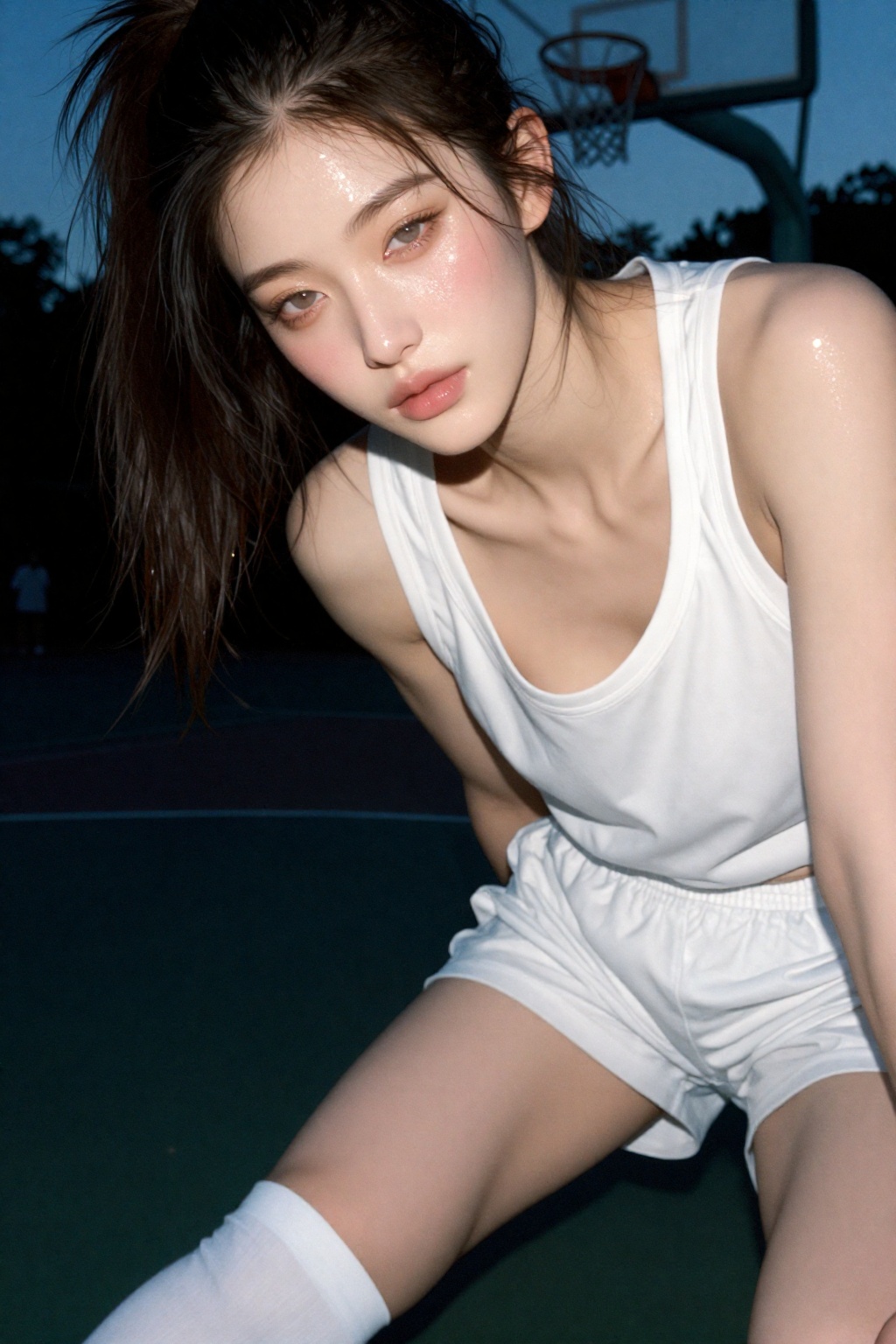 35mm color film photography with harsh direct on-camera flash,  specular highlights on skin and clothing,  strong catchlig...