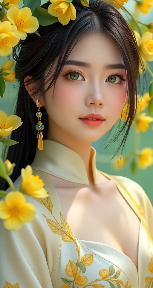 A young East Asian woman with delicate,  porcelain-like skin and large,  luminous sea-green eyes gazes softly toward the v...