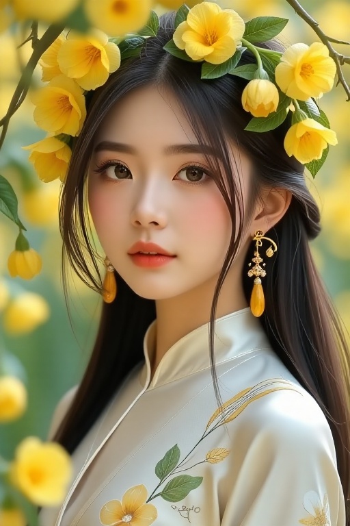 A young East Asian woman with delicate,  porcelain-like skin and large,  luminous sea-green eyes gazes softly toward the v...