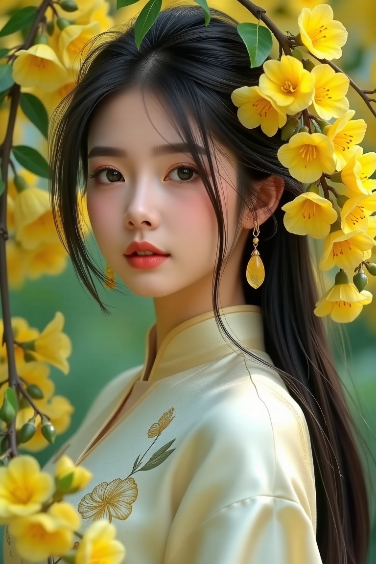 A young East Asian woman with delicate,  porcelain-like skin and large,  luminous sea-green eyes gazes softly toward the v...