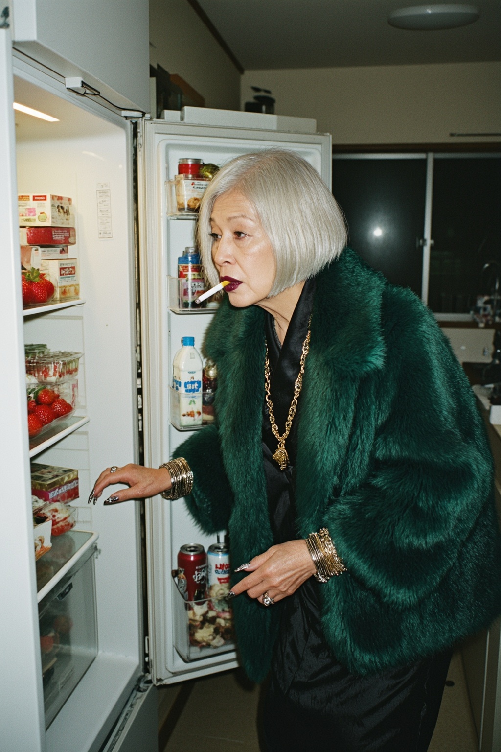 candid documentary snapshot,  4AM in a quiet apartment kitchen,  an impossibly stylish elderly Japanese grandmother wearin...