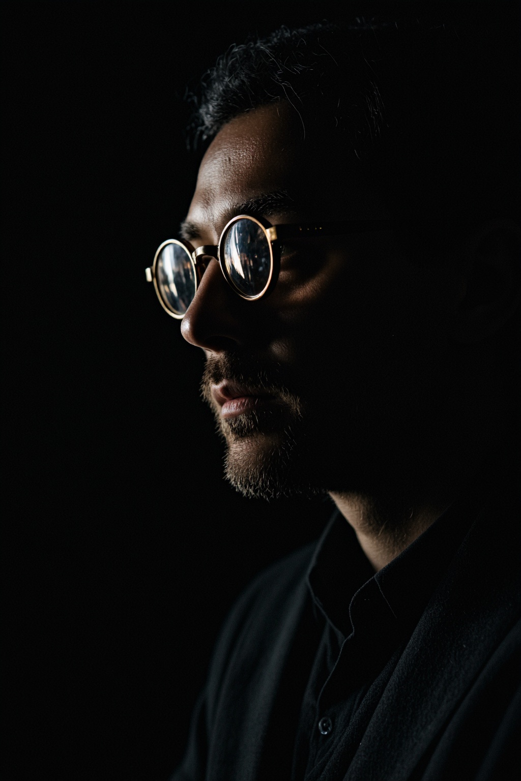 A dramatic,  low-key portrait of a man seen in profile,  shrouded in deep shadow on Tensor.Art
