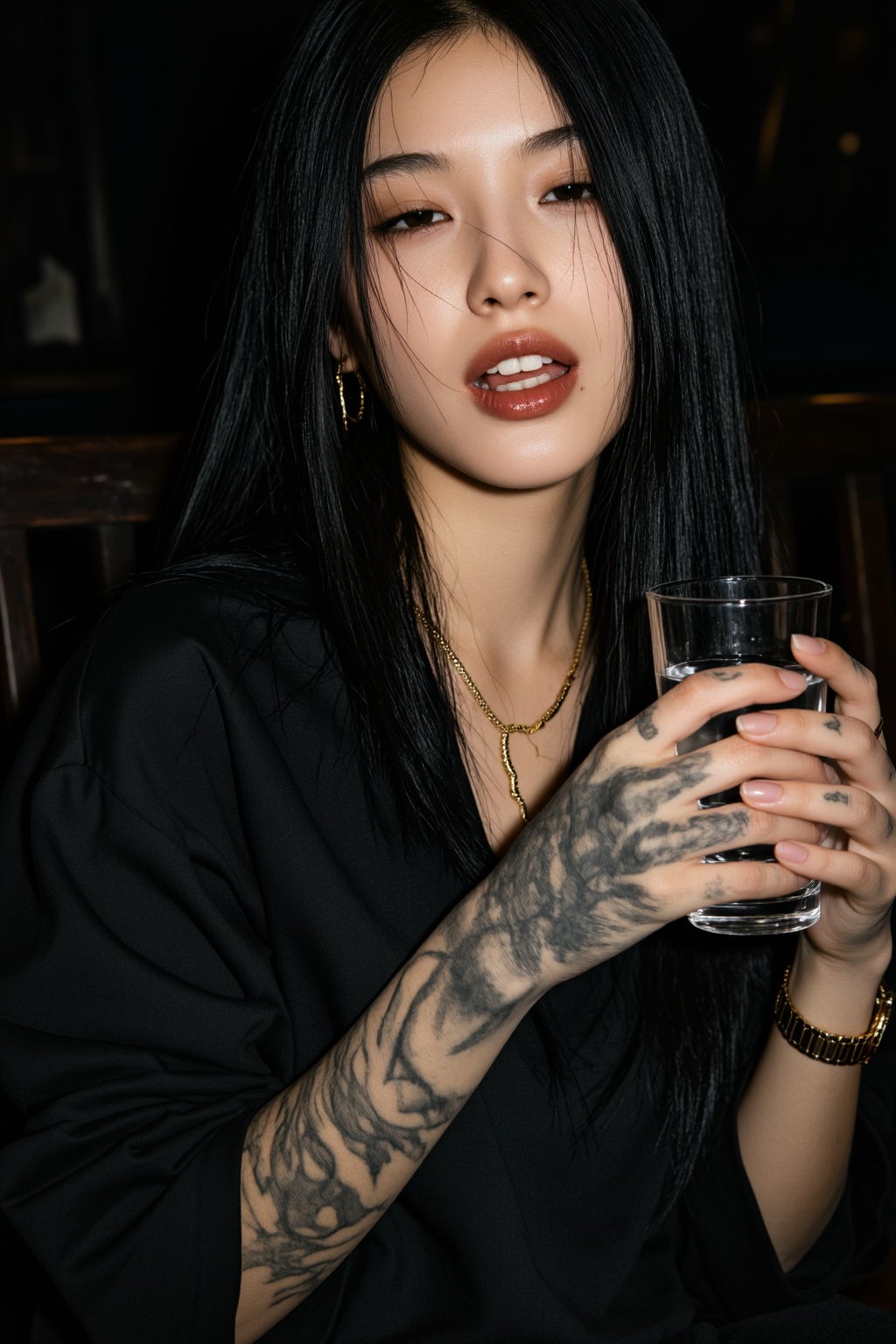 一位肤色健康的东亚年轻女性以竖版近景特写呈现,  上半身入镜,  乌黑顺直的长直发自然垂落 on Tensor.Art