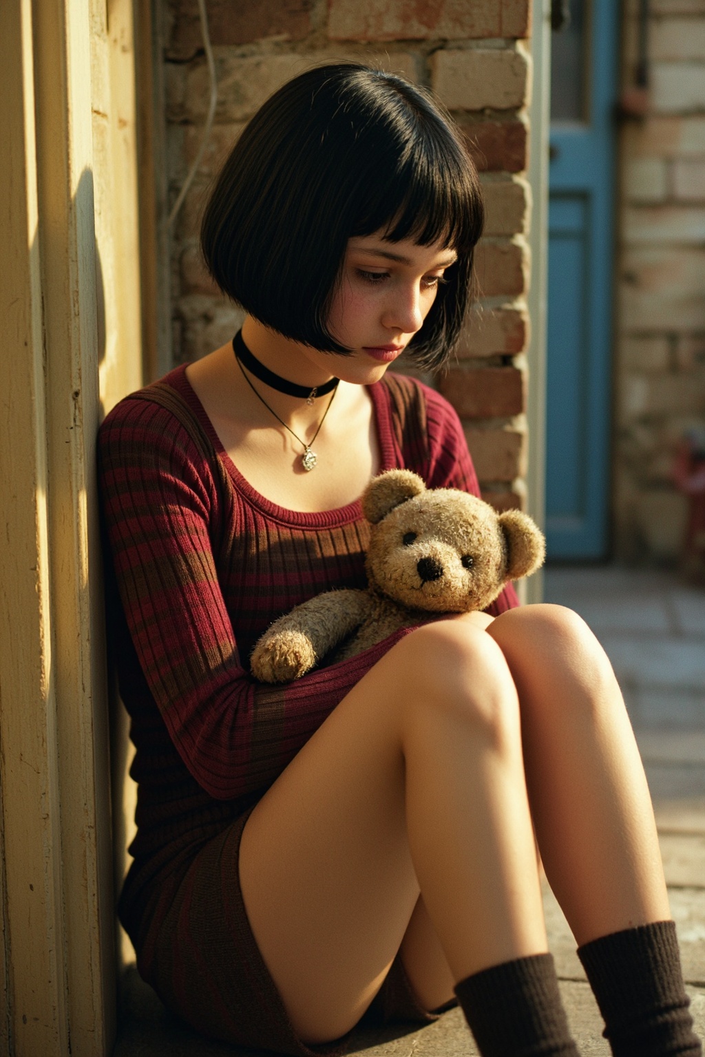 A cinematic,  emotionally charged still from the film Léon: The Professional,  featuring young Mathilda sitting huddled in...