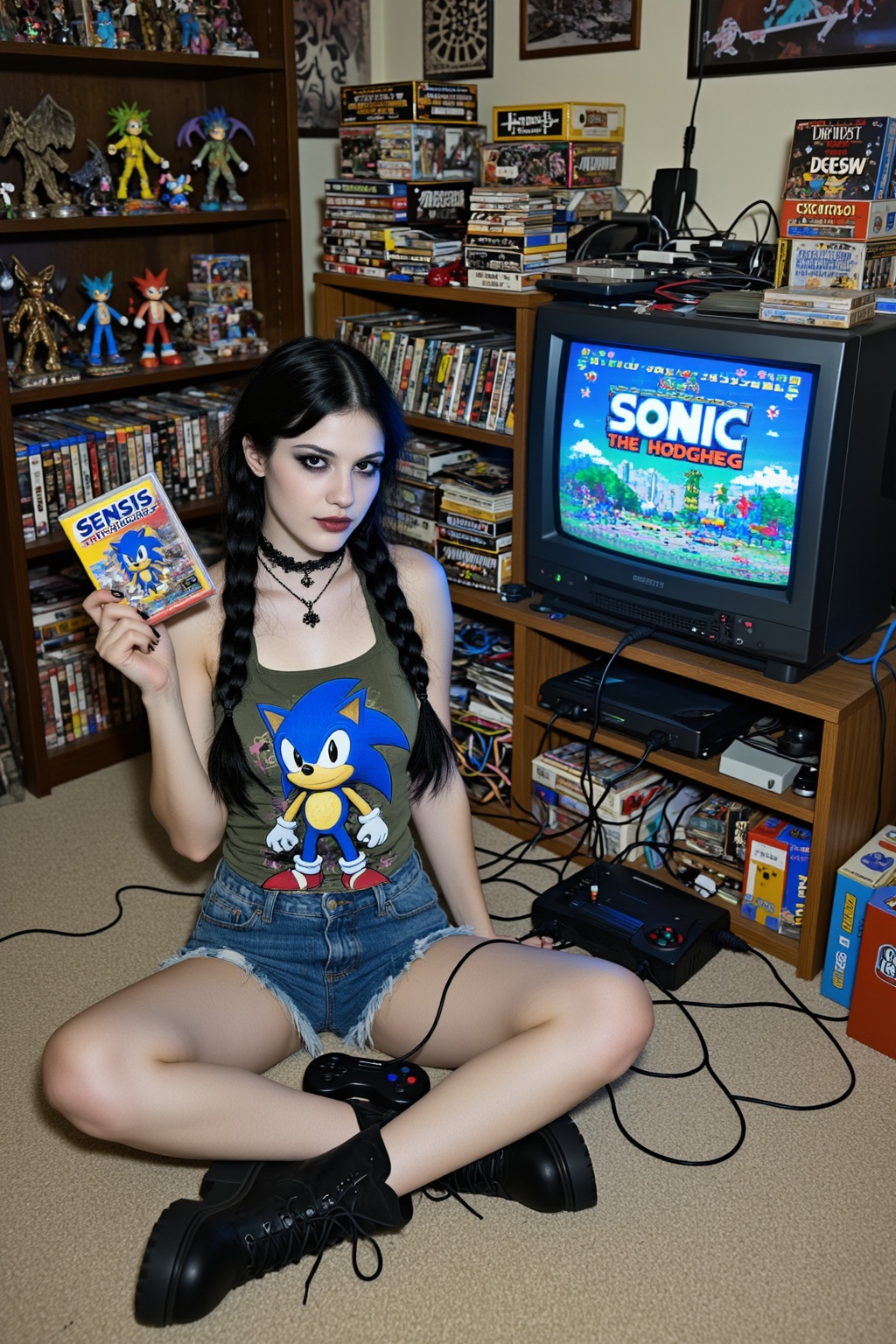 A gothic woman with pale skin,  long black hair in two neat braids,  dark gothic makeup on Tensor.Art