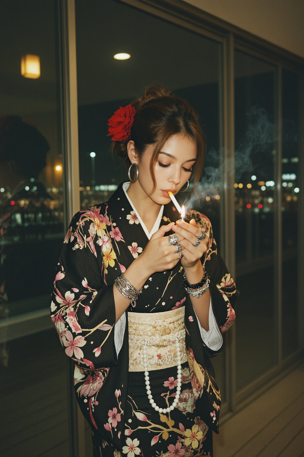 竖版构图,  中景室内人像摄影,  夜晚低光室内场景 on Tensor.Art