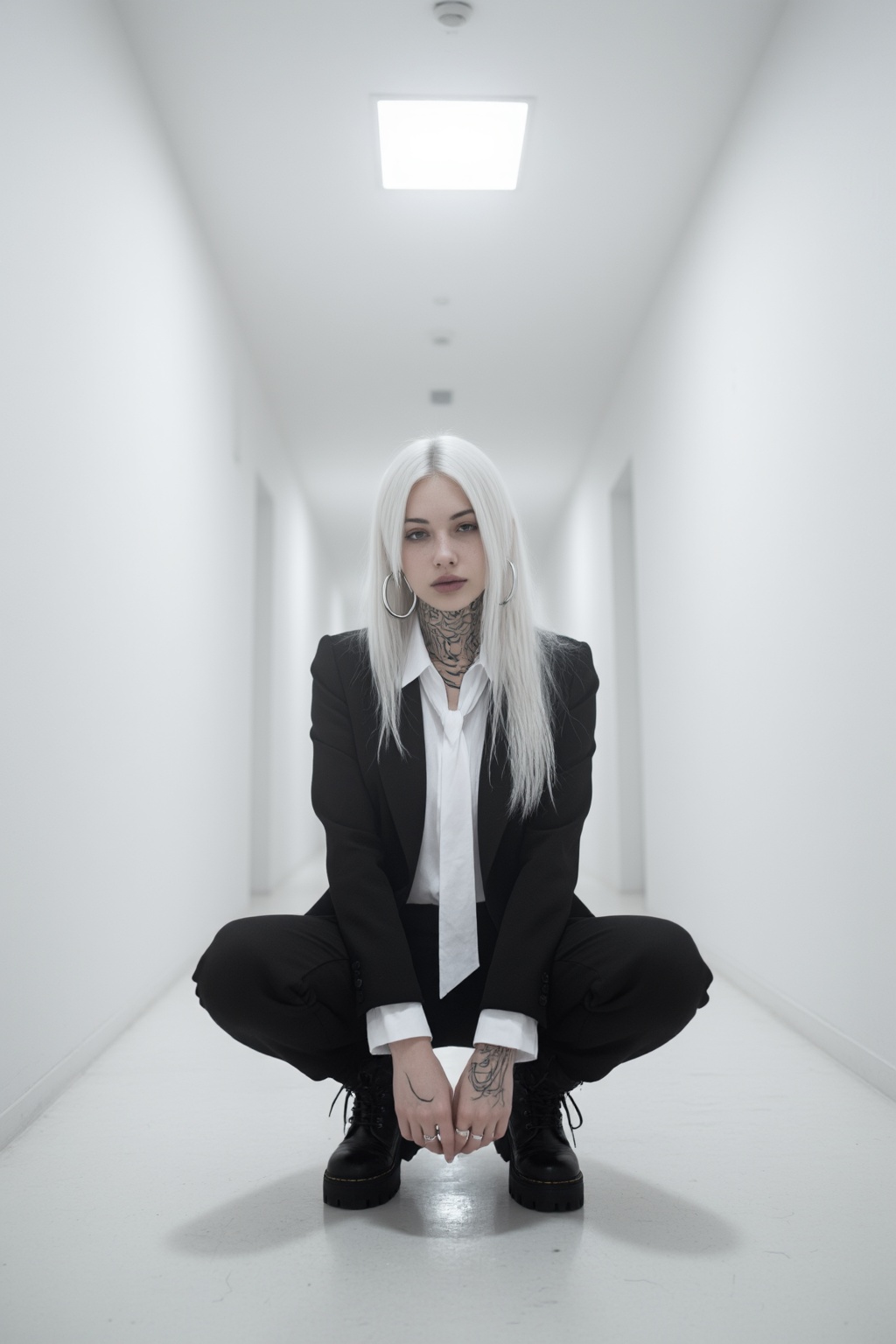 低角度正面全身人像,  纯白极简狭长走廊空间,  哑光白色墙面与地面 on Tensor.Art