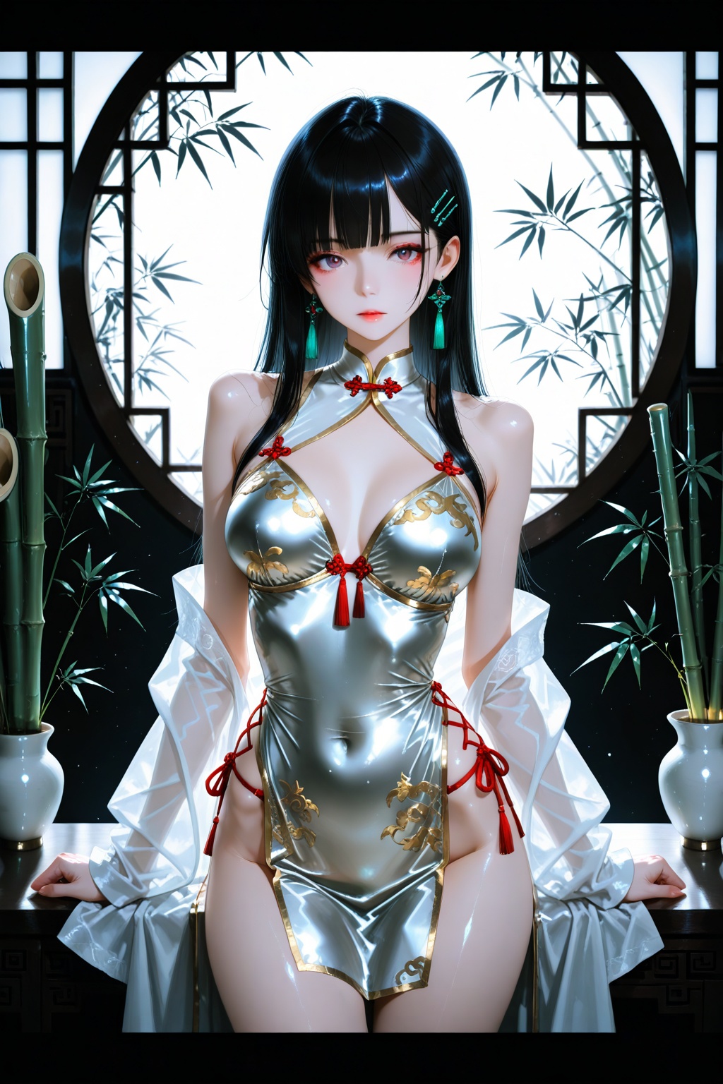A cool and refined beauty with ample breasts and a slender waist,  dressed in a light gold embroidered Chinese style linge...