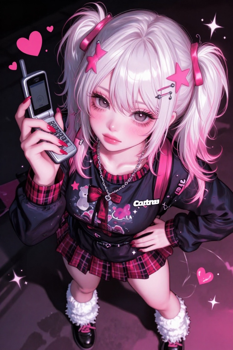 A vibrant anime illustration of a young woman with platinum blonde pigtails adorned with pink star clips and small silver...