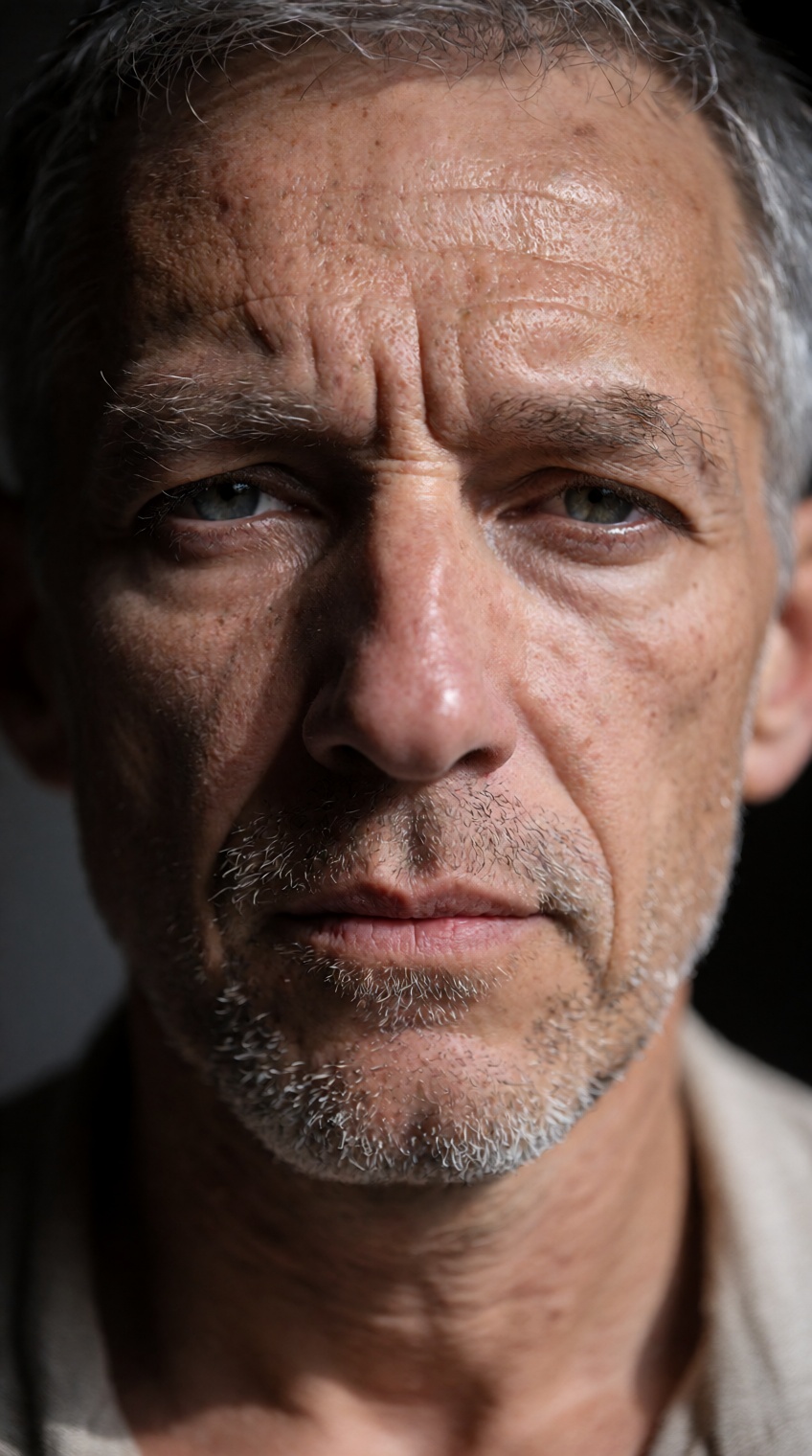 A tight macro portrait of an elderly man with a weathered face and graying stubble. The lighting is harsh and directional...