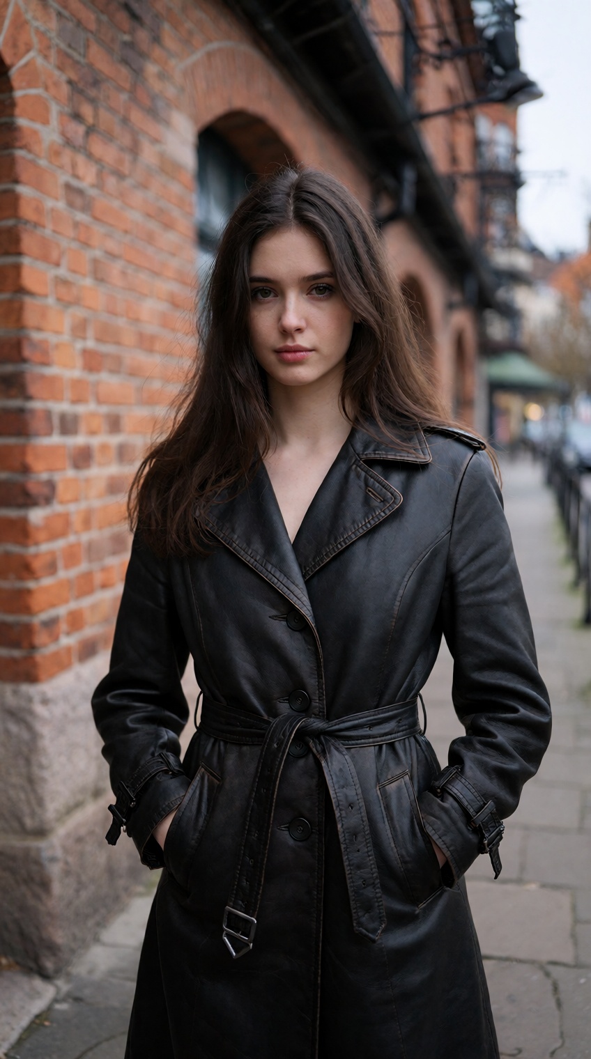 a woman with long,  dark brown hair stands on a paved walkway beside a red brick building with a stone base,  wearing a bl...