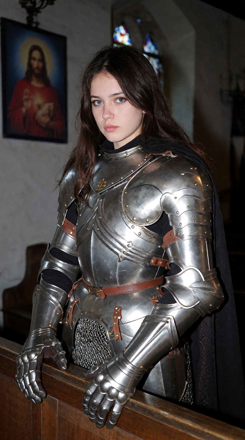 A raw and atmospheric photo of a woman with long dark hair wearing a full suit of gleaming silver plate armor and a long b...