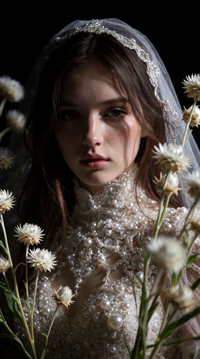 A moody,  high-contrast fine art portrait of a young woman with a serene,  intense gaze on Tensor.Art