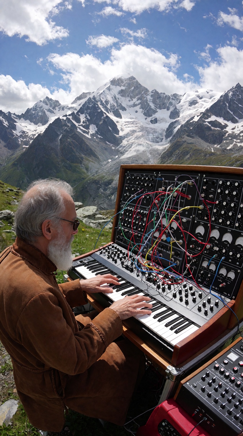 old pope in traditional robe operating a large modular synthesizer outdoors,  intricate setup of wires,  knobs on Tensor.Art