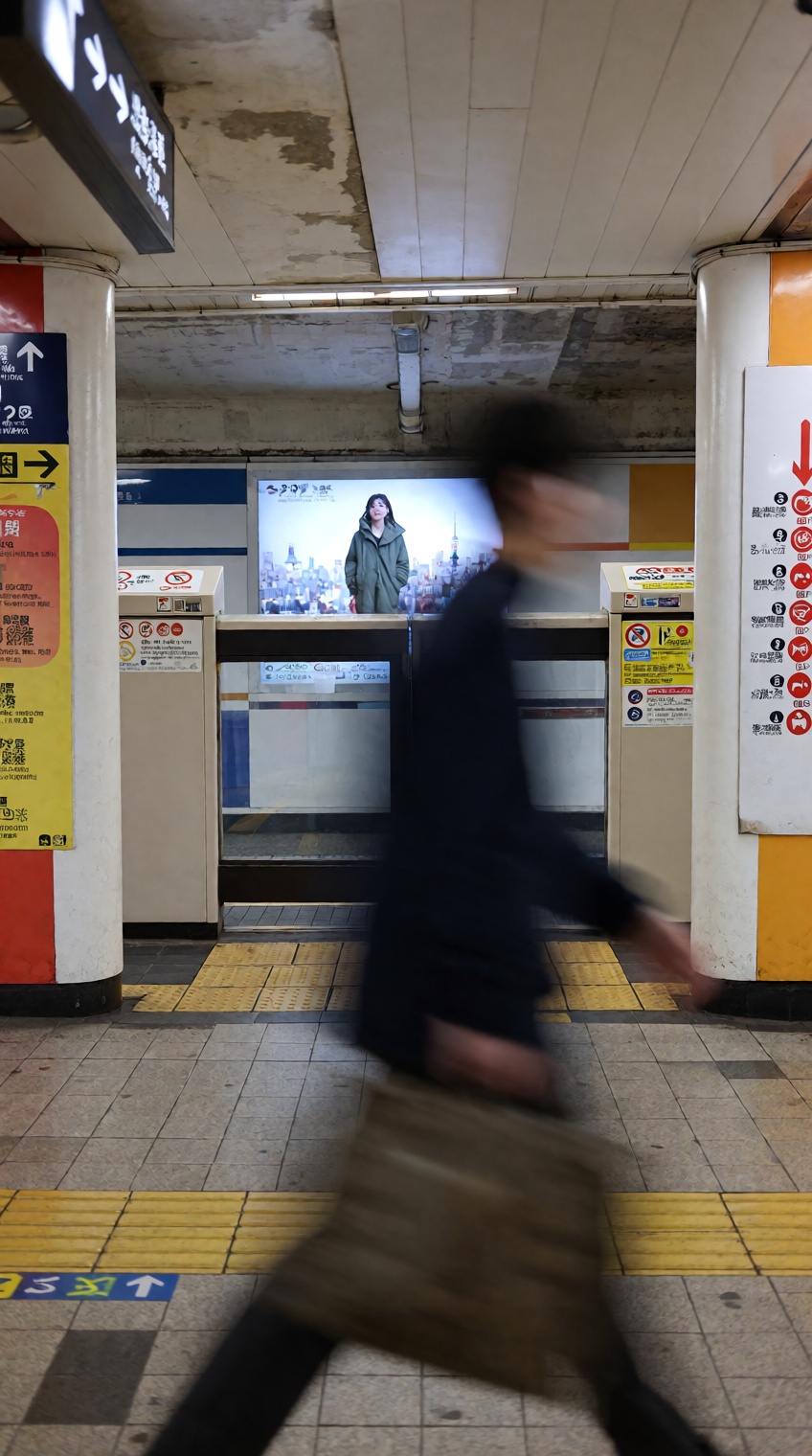 a blurred figure in dark clothing walks across a subway platform,  their motion creating a soft streak against the static...