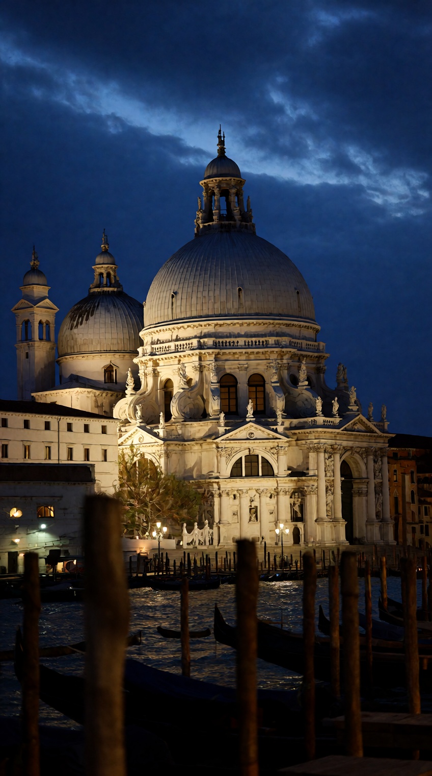 at twilight,  the basilica di santa maria della salute in venice is illuminated against a deep blue sky streaked with soft...