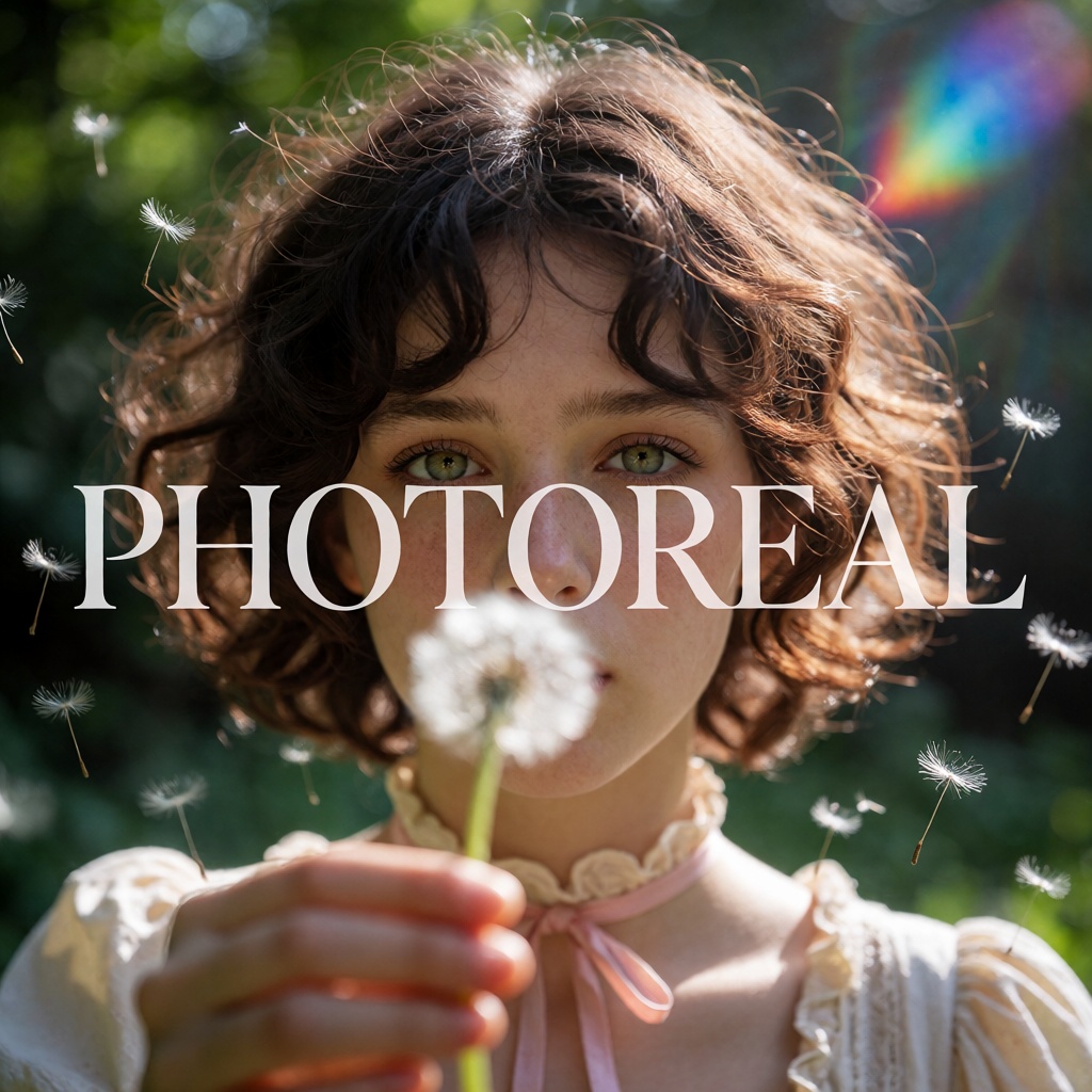 In a sunlit outdoor setting,  a hand in the blurry foreground holds a dandelion seed head toward a young woman with curly...