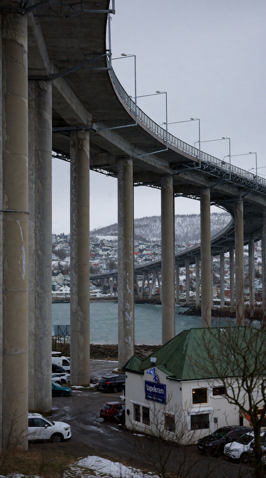 a sweeping concrete viaduct curves overhead,  supported by massive cylindrical pillars that frame a distant coastal town n...