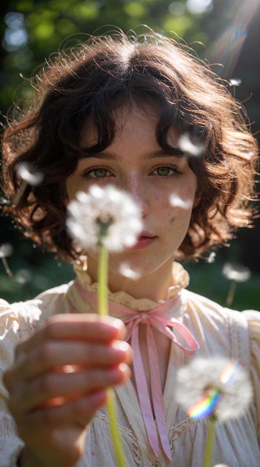 In an outdoor setting,  a hand in the blurry foreground holds a dandelion seed head toward a young woman with curly short...