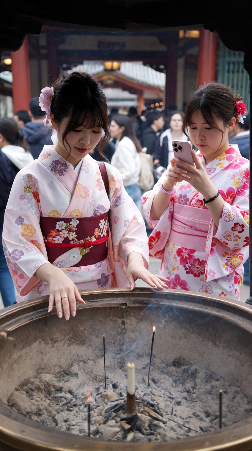two women in traditional kimonos stand at a large,  circular metal incense burner filled with sand and upright incense sti...
