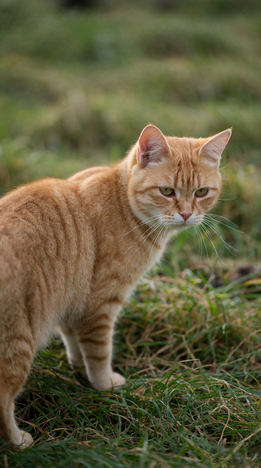 a ginger cat with a soft,  striped coat stands alert in a grassy field,  its body angled slightly away from the viewer whi...