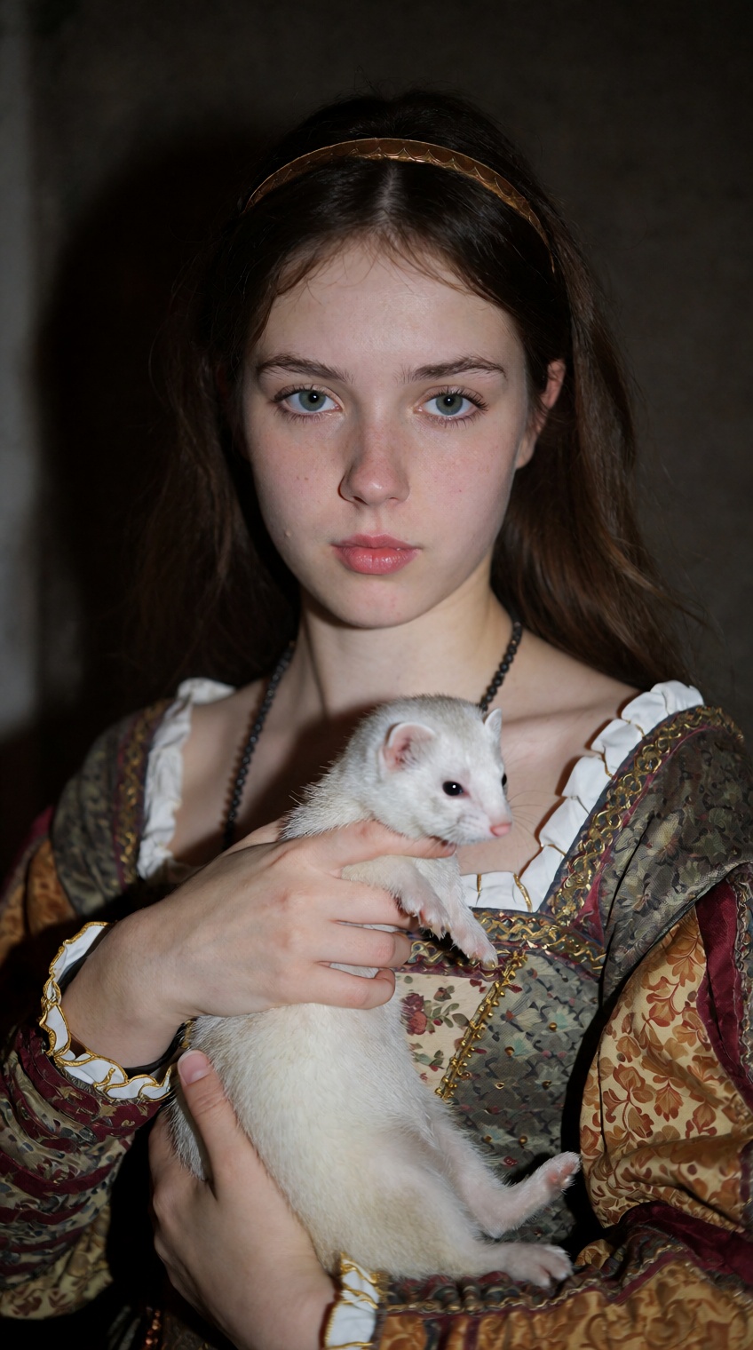 slightly overexposed portrait inspired by Leonardo da Vinci's 'Lady with an Ermine,  ' with a 20 years old dutch woman hol...