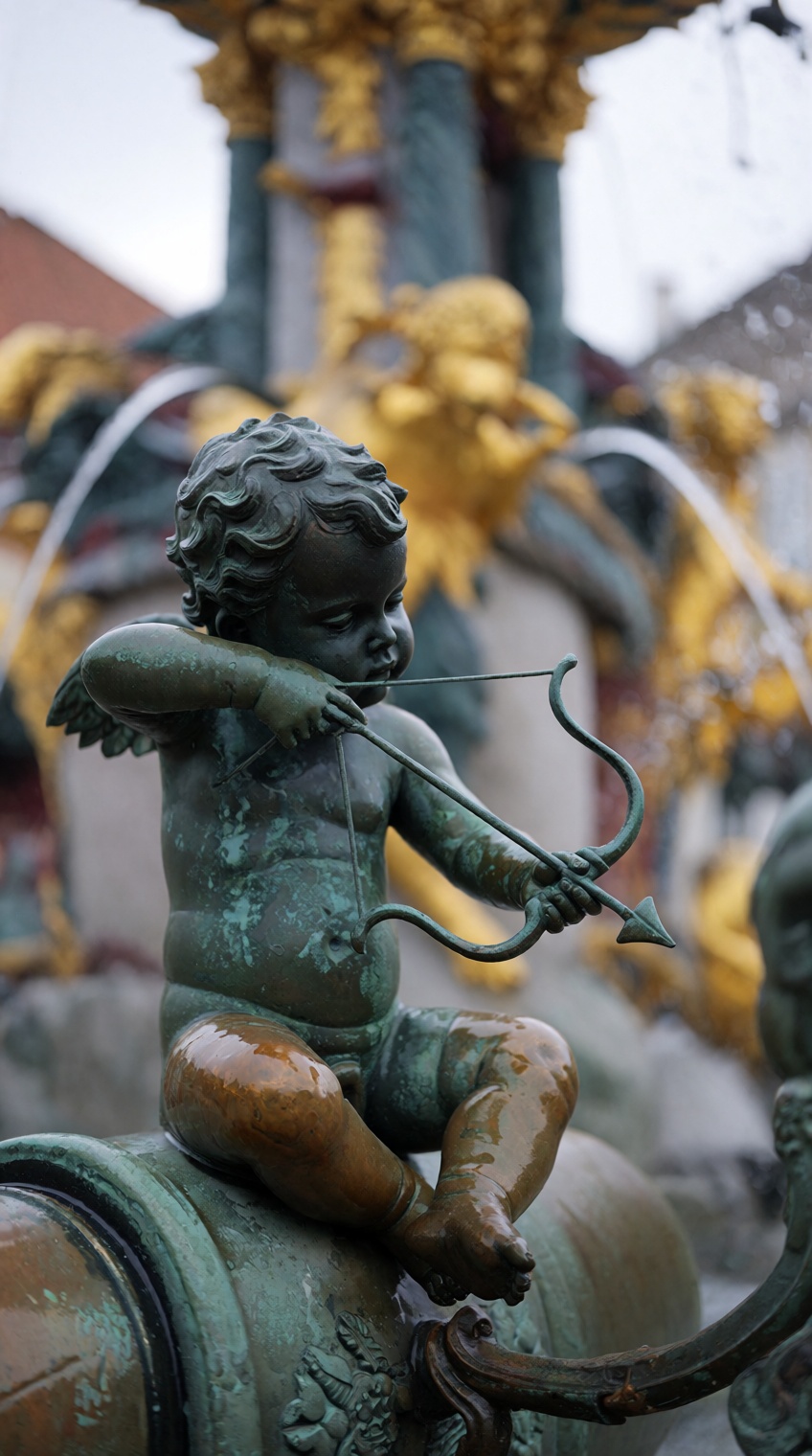 a weathered bronze cherub statue,  patinated green with age,  sits perched atop a curved pipe in the foreground on Tensor.Art