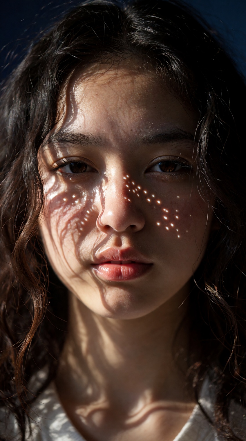 A close-up portrait captures a young beautiful east asian woman with dark curly hair and a serene expression as warm,  dir...