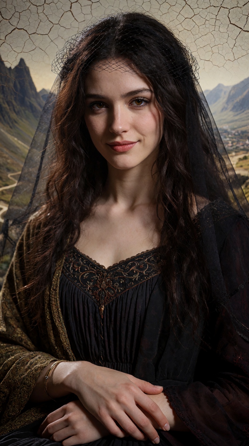 A seated woman with long,  dark wavy hair and a subtle,  mysterious smile looks forward. She wears a sheer black veil over...