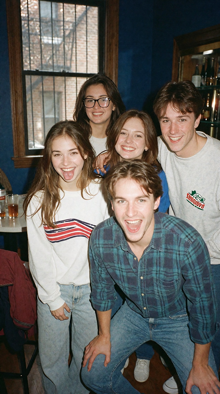 retrooo_snapshot,  five people gather closely indoors,  smiling at the camera in a warmly lit room with blue walls and a b...