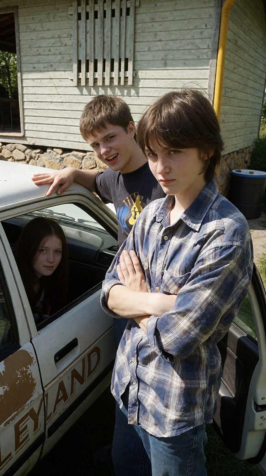 three young people stand near a weathered white car with leyland lettering on its side,  parked beside a light-colored woo...