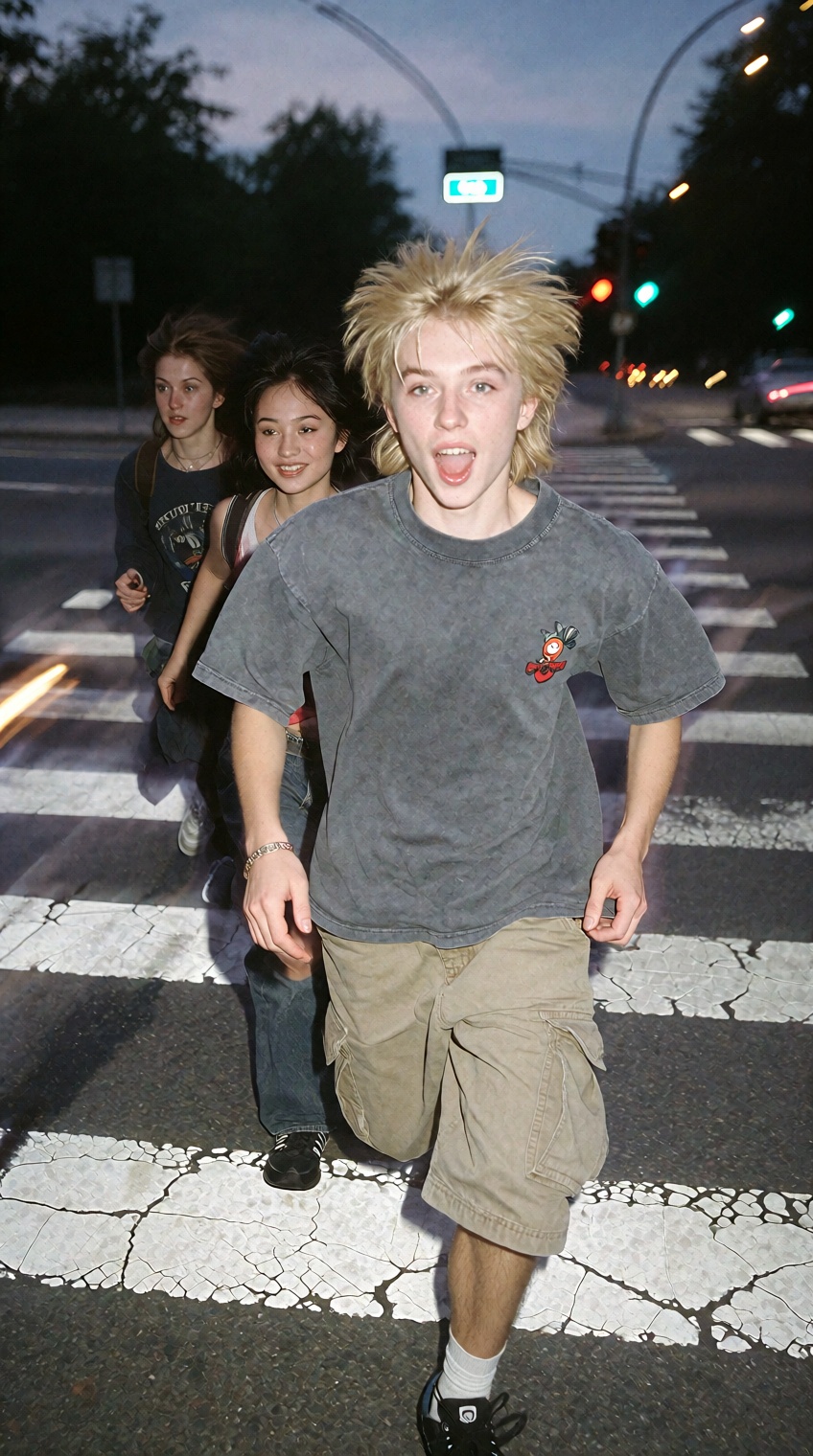 three individuals are captured mid-stride crossing a pedestrian crosswalk at twilight,  their motion creating a dynamic bl...