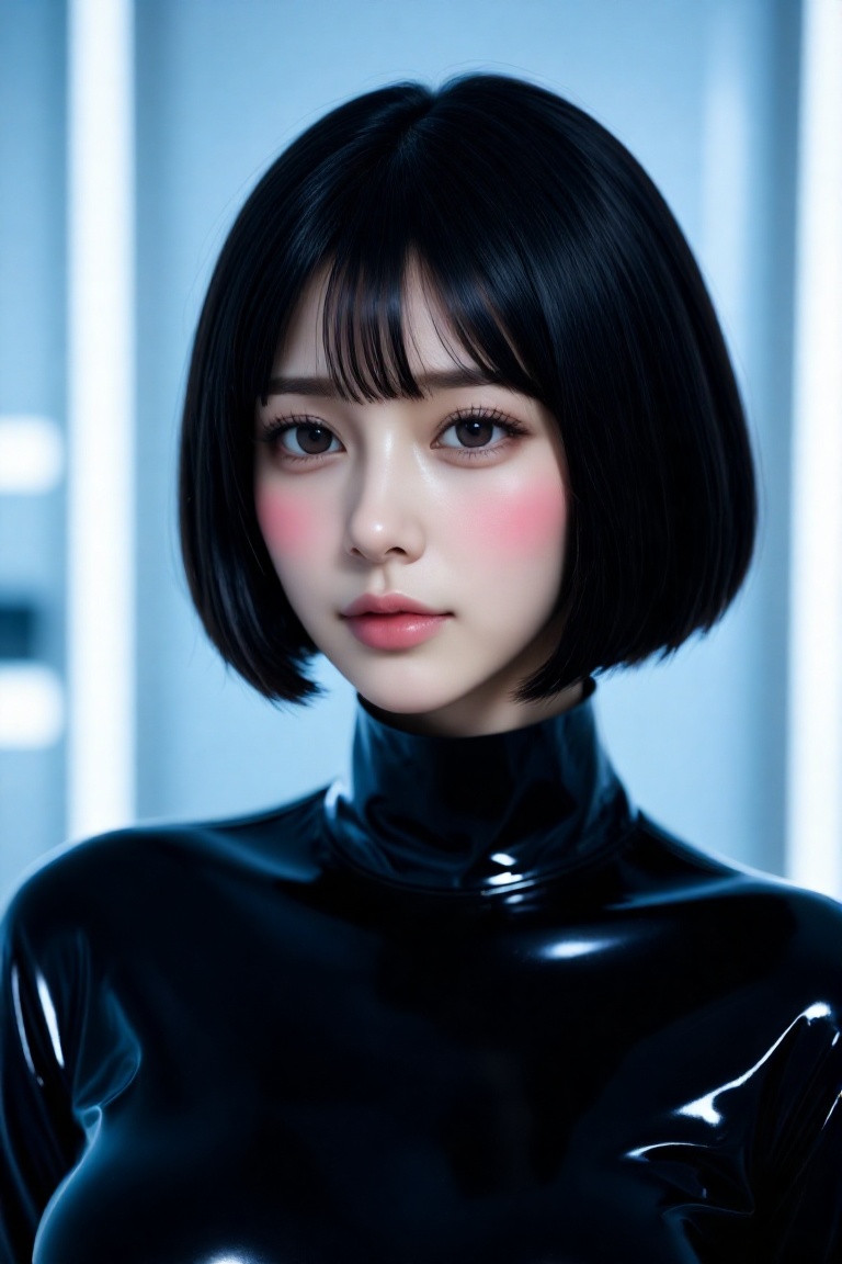 Image is a high-resolution portrait photograph featuring a young woman with a short bob haircut and fair skin. She is wear...