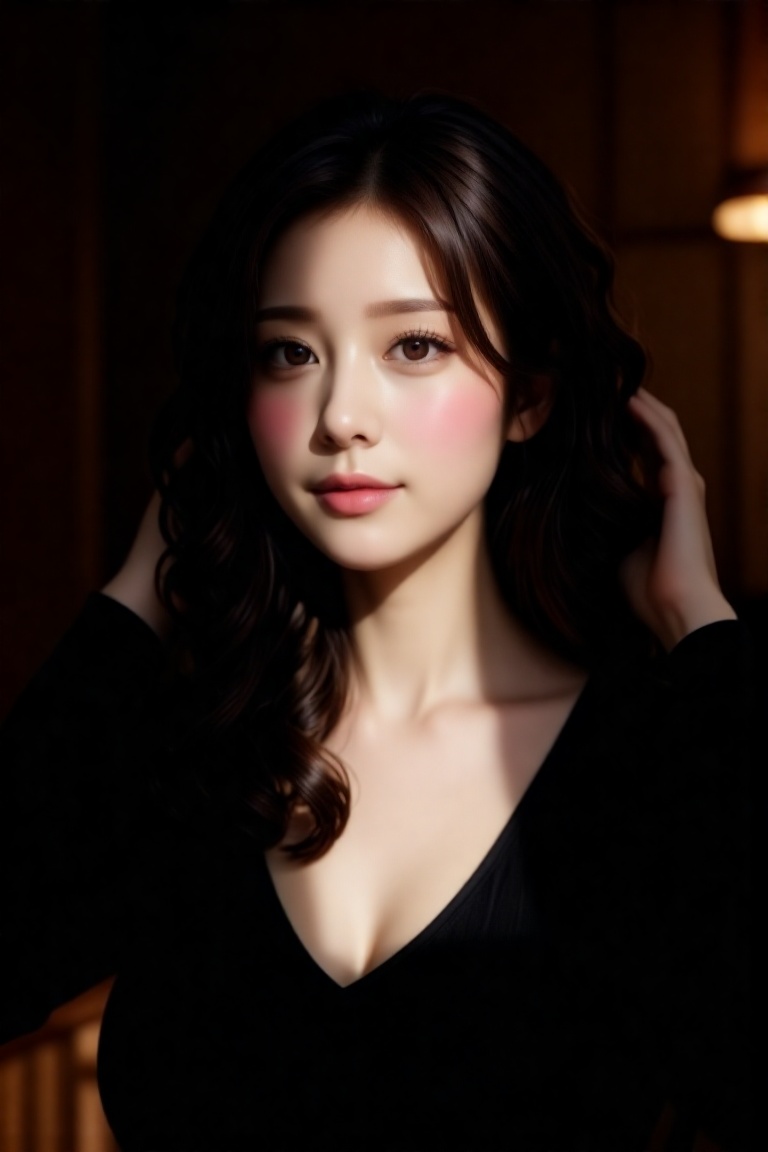 This is a highly realistic digital portrait of an East Asian woman in her early 20s. She has long,  curly,  dark brown hai...