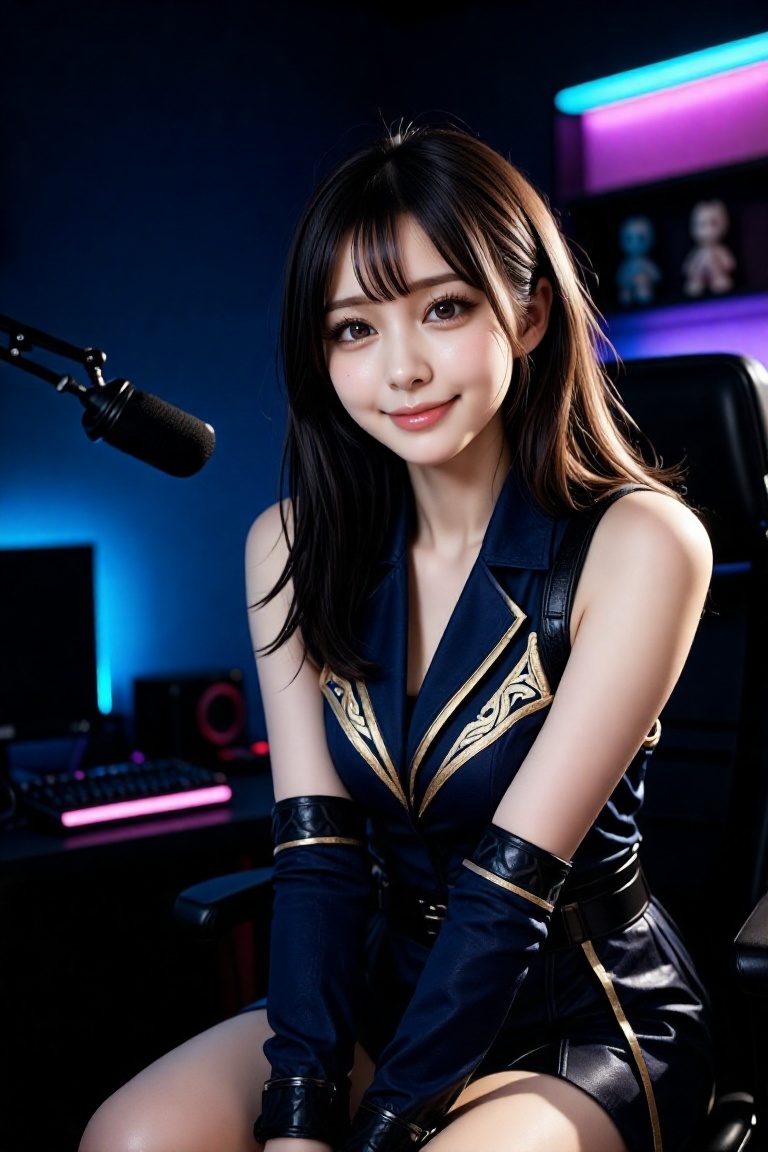 A hyper realistic cinematic image of a female streamer in cosplay,  sitting in a modern streaming room setup,  professiona...