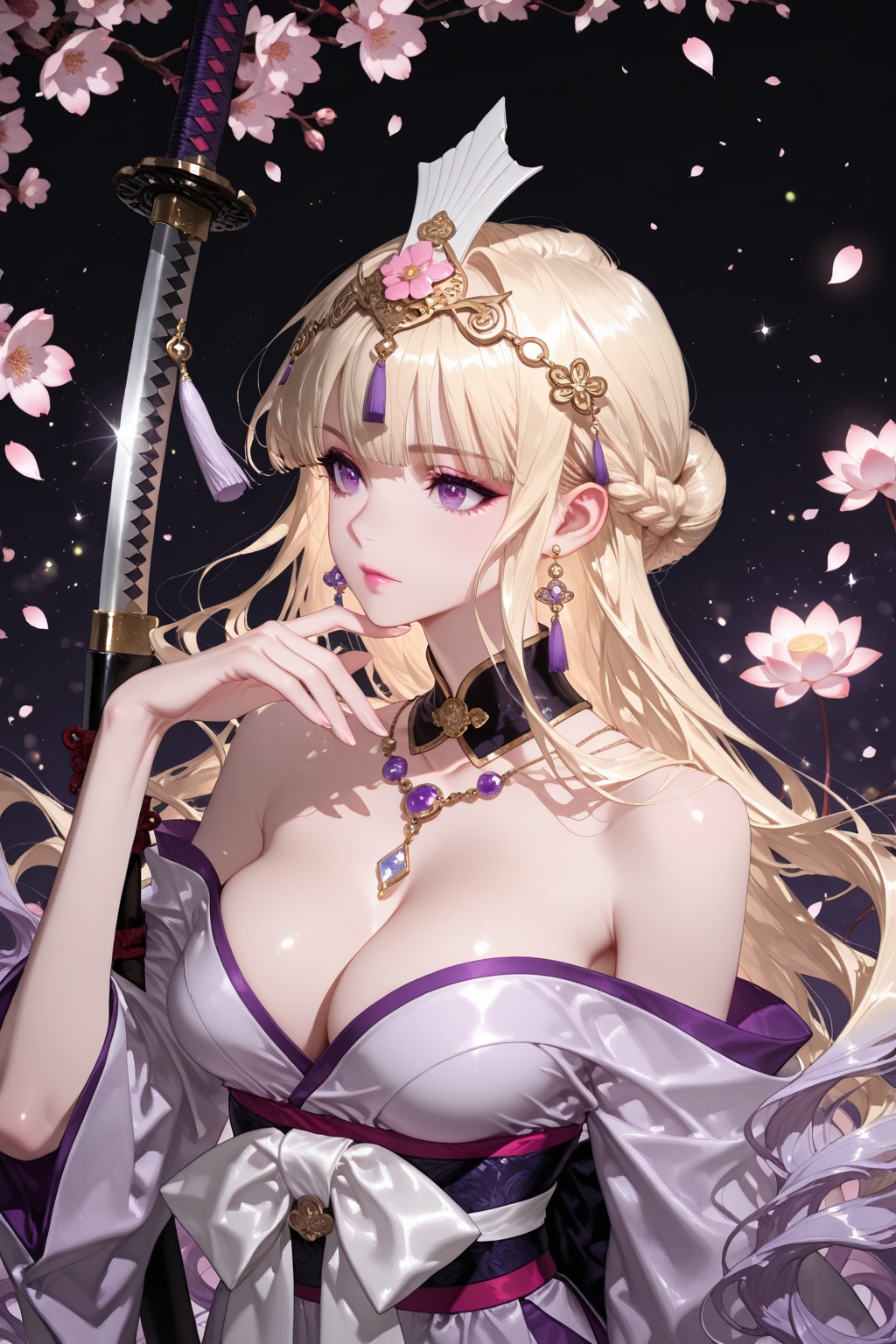 A woman with blonde hair with light purple tips,  sparkling purple eyes,  and soft pink lips. She wore a luxurious and bea...