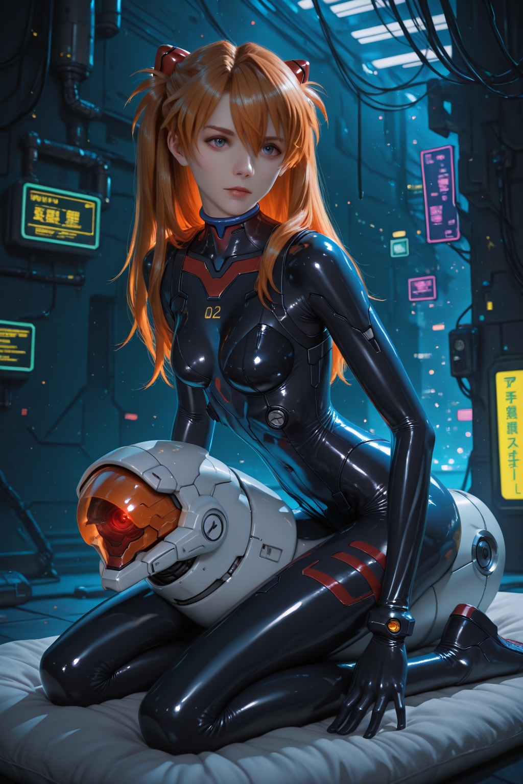 Asuka Langley a spaceship pilot in a latex suit with robotic limbs,  laying down in a pod,  in a cyberpunk setting on Tens...