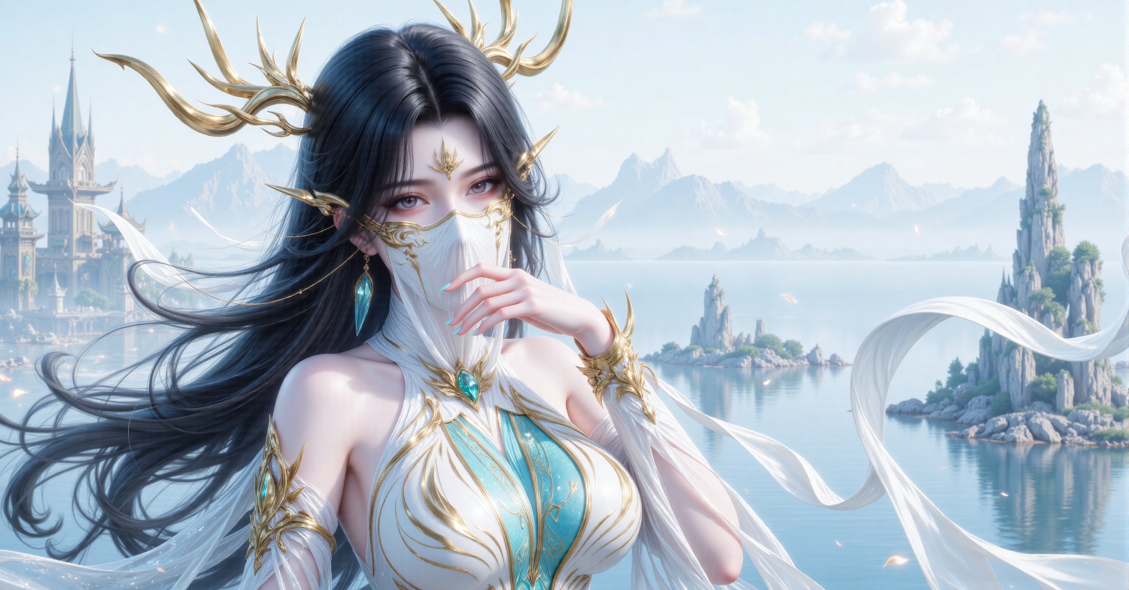 This is a highly detailed digital artwork of a beautiful,  ethereal woman with long,  flowing black hair by 千诗可叙 on Tensor...