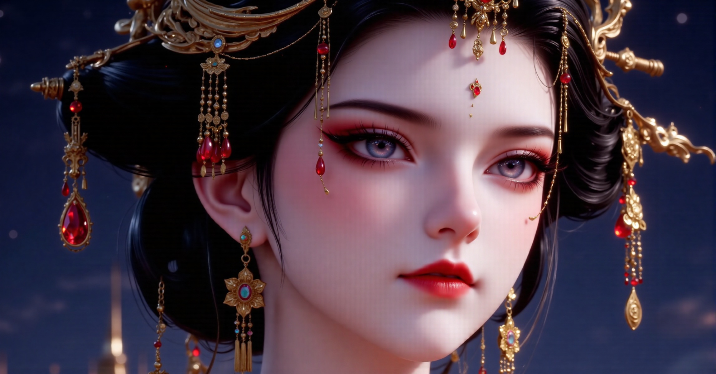 A highly detailed digital painting of a serene,  fair-skinned woman with delicate features,  wearing an ornate by 千诗可叙 on...